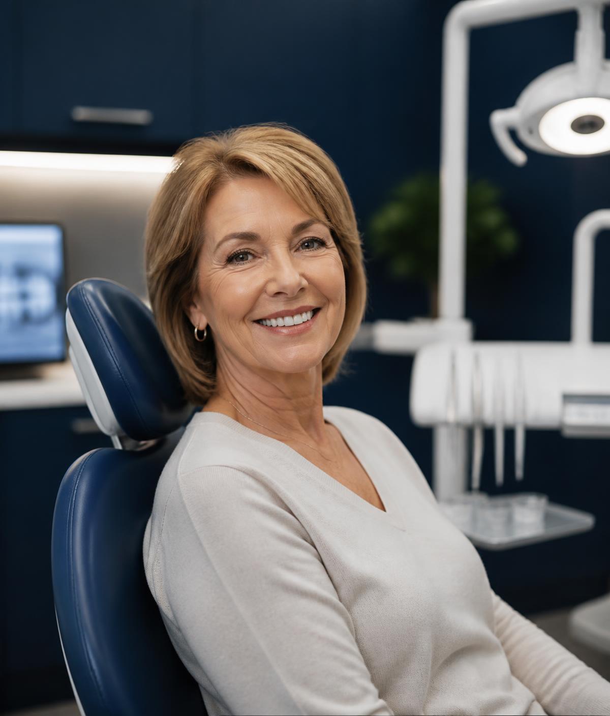 Paciente sorrindo em consultório odontológico